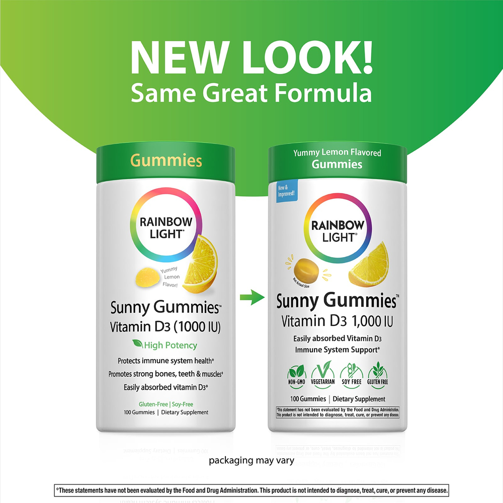 Rainbow Light, Sunny Gummies ™, витамин D3, вкусный лимон, 25 мкг (1000 МЕ), 100 жевательных таблеток