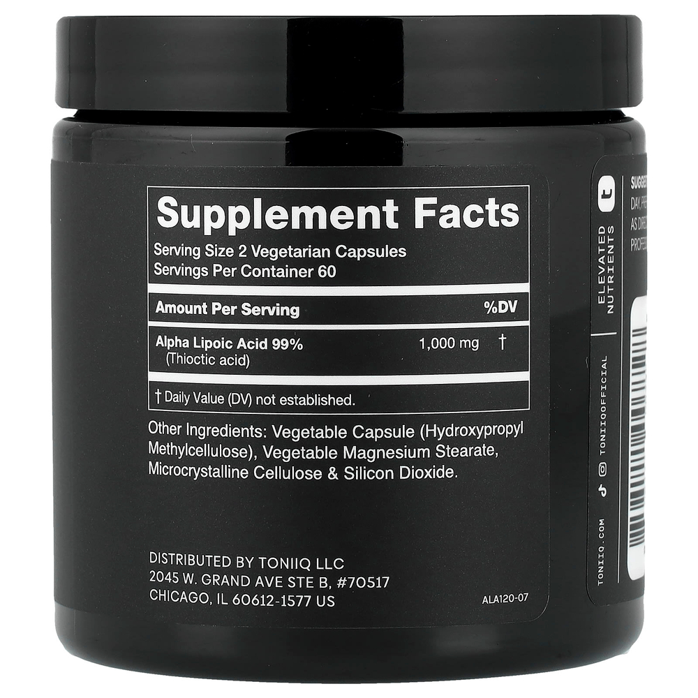 Toniiq, альфа-липоевая кислота 1000, 120 капсул (500 мг в 1 капсуле)