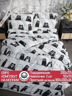 Постельное белье "Tomcat" евро наволочки 50х70 2шт Простынь на резинке 180х200 см Пододеяльник 200х215 см Сказка сатин