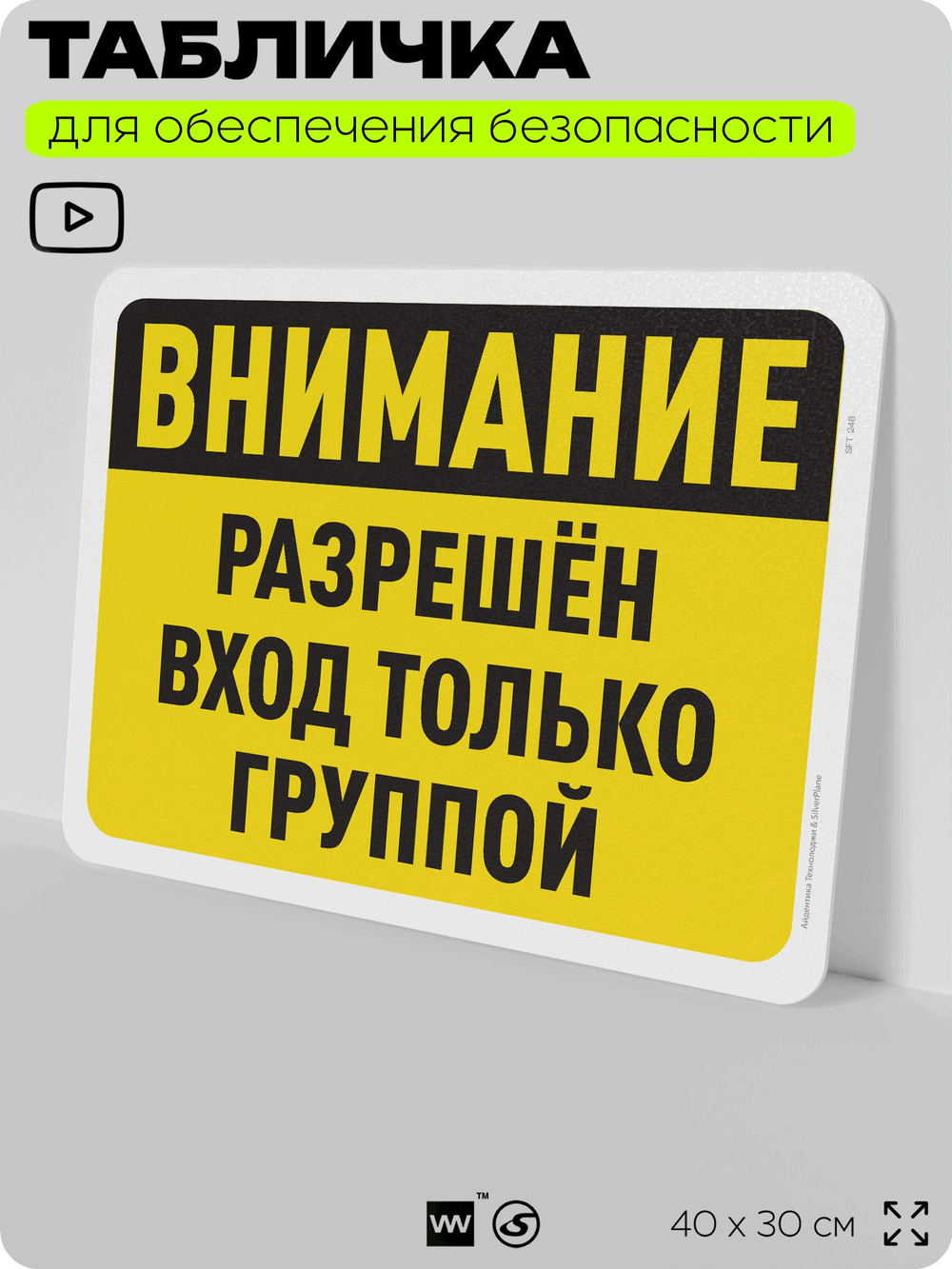Табличка для обеспечения безопасности "Внимание, разрешен вход только группой", для офиса, по охране труда для предприятия, организаций, 40х30 см, Silver Plane x Айдентика Технолоджи