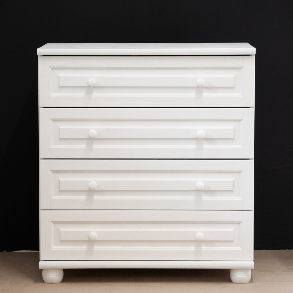 Комод белый с 4 ящиками Харви из массива сосны с филенкой для спальни и кухни в викторианском стиле, комод деревянный для вещей и одежды на ножках напольный