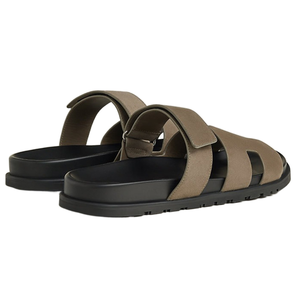 Hermes Chypre suede leather velcro flat-bottomed slippers men's khaki, H222856Z HX3