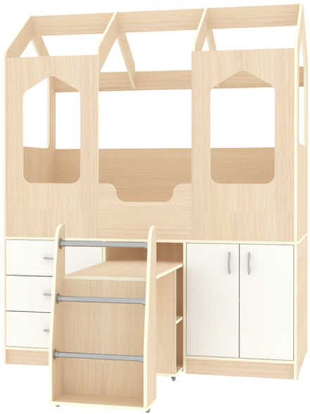 Кровать-чердак КарИВи Домик Сказка с выдвижным столом ДС-14  Дуб Молочный Белый