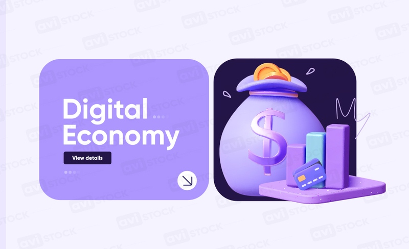 Векторный баннер Digital Economy. Мешок с деньгами, статистикой роста и кредитной картой