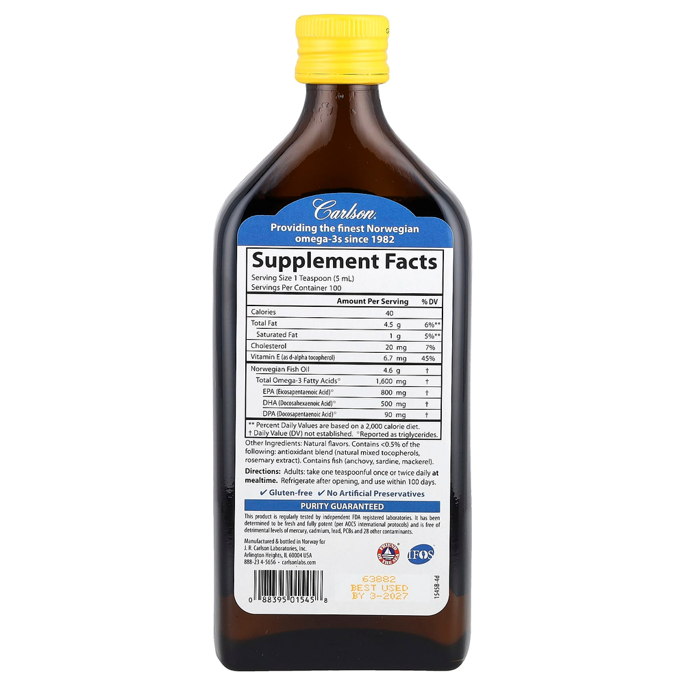 Carlson, норвежская серия, самый лучший рыбий жир, натуральный лимонный вкус, 1600 мг, 500 мл (16,9 жидк. унции)