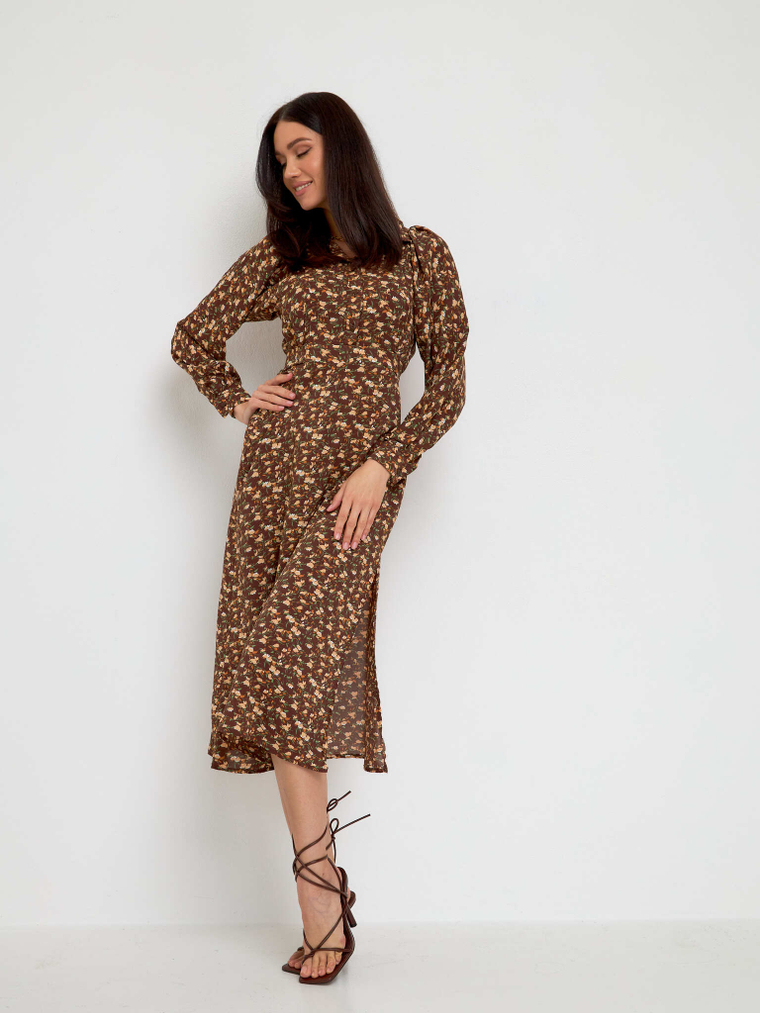 Платье миди с пышными рукавами