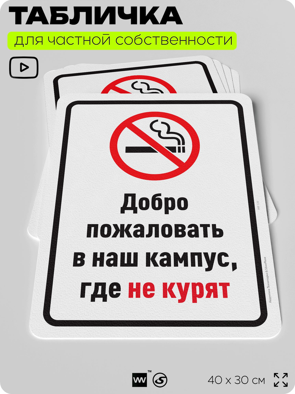Табличка для частной территории "Добро пожаловать в кампус, где не курят", на дом, для участка, для подъезда, организаций и частных территорий, 40х30 см, Silver Plane x Айдентика Технолоджи