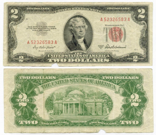 Банкнота США 2 доллара 1953A A 52326583 A. VG