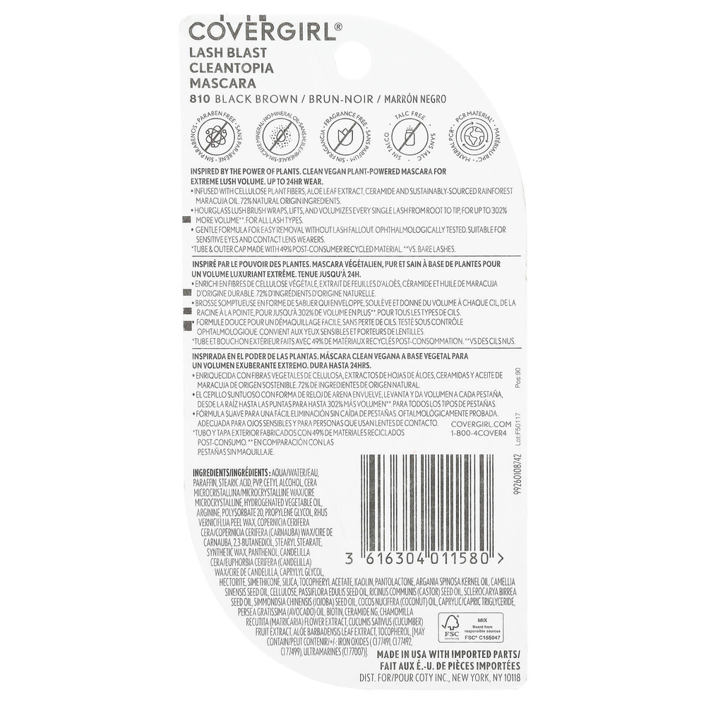 Covergirl, Lash Blast, тушь для ресниц Cleantopia, оттенок 810 черно-коричневый, 9,5 мл (0,32 жидк. унции)