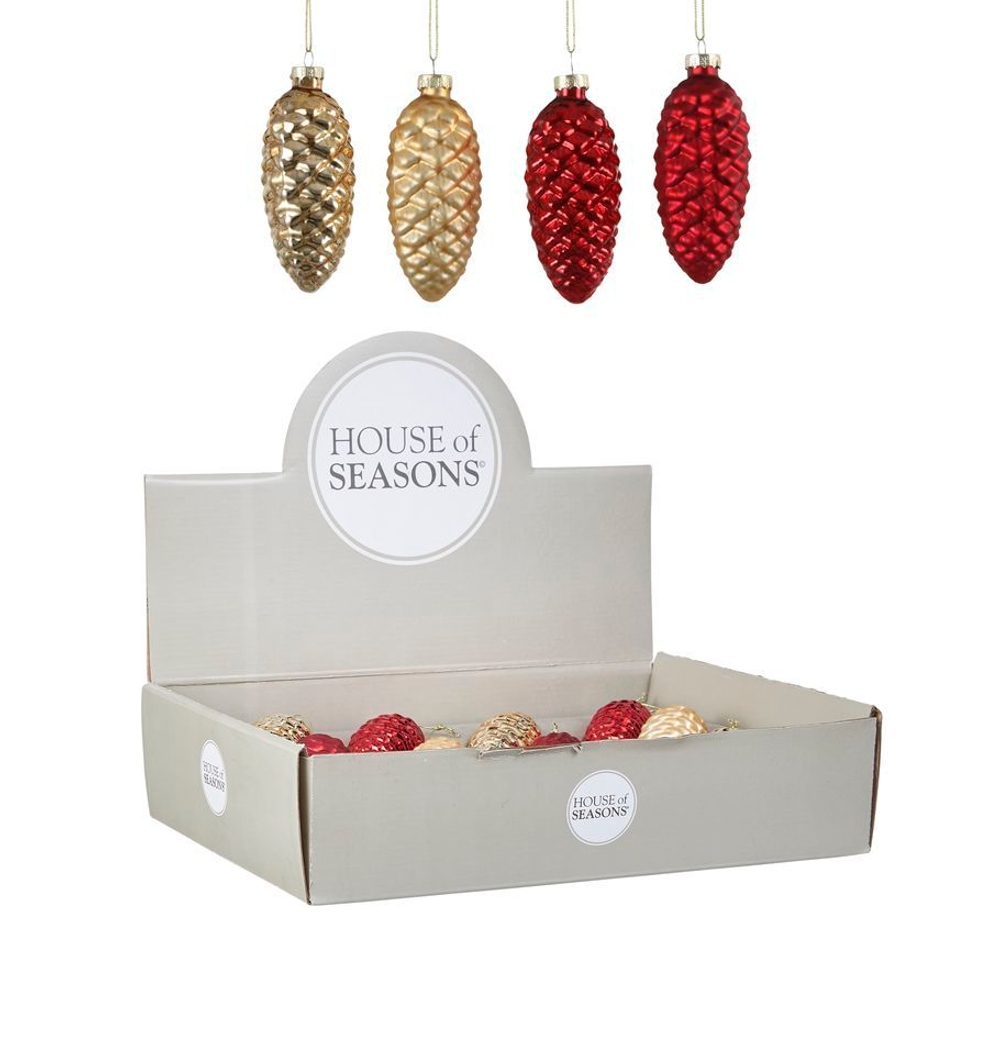 Набор елочных игрушек 12шт 10x5см House of Seasons Шишка красная-золото 4 вида 84008