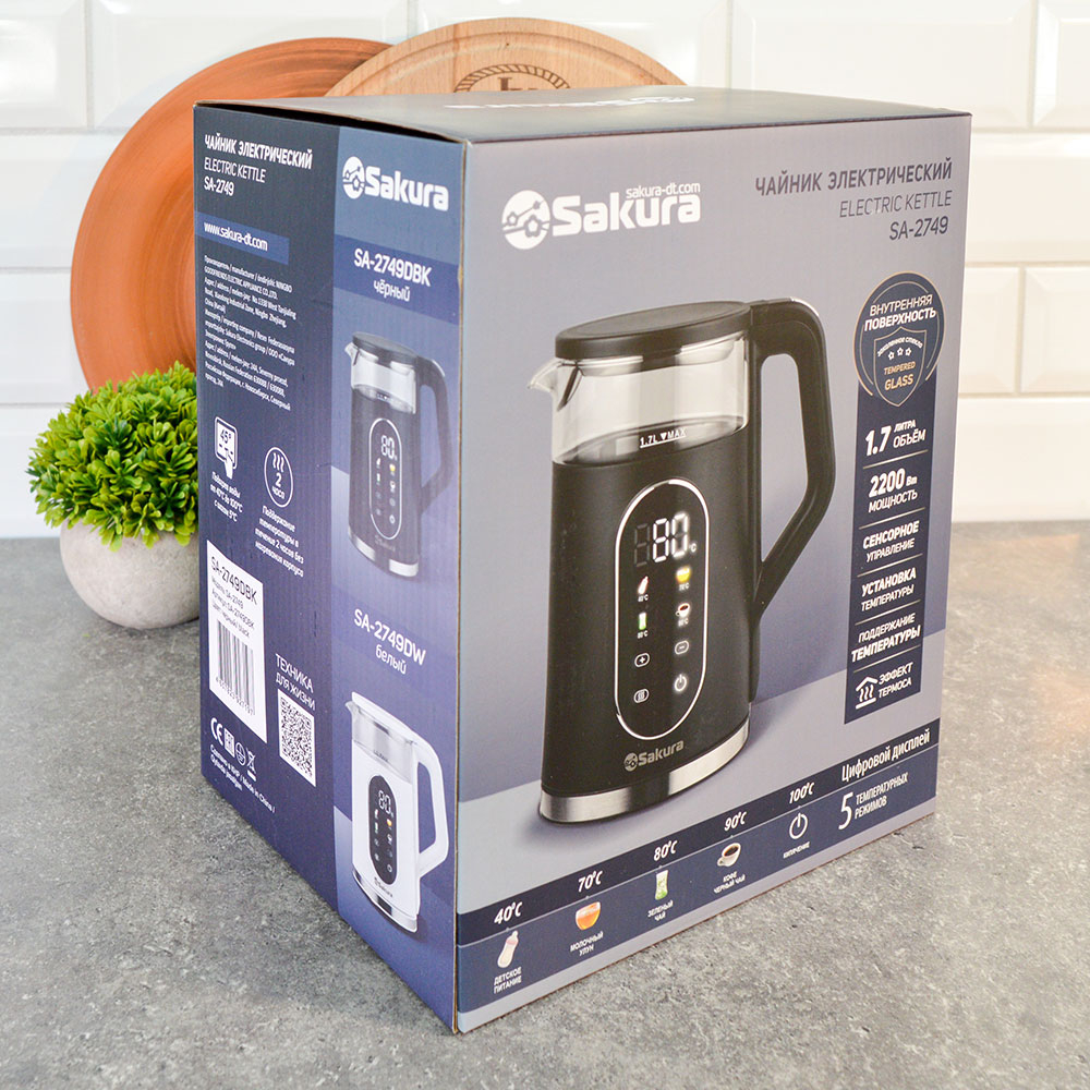 Чайник электрический 1,7л Sakura SA-2749DBK стеклянный, LED дисплей, сенсорное управление