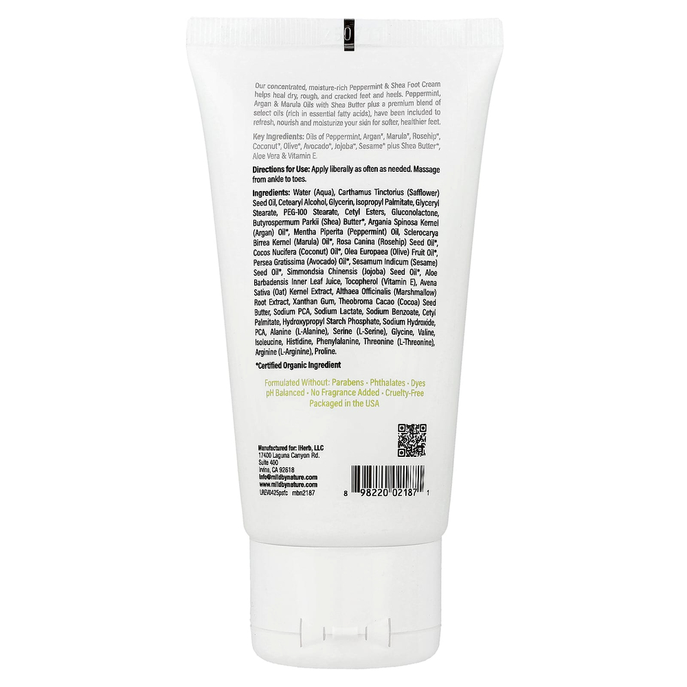 Mild By Nature, крем для ног с перечной мятой, маслом ши, маслами арганы и марулы, 71 г (2,5 унции)