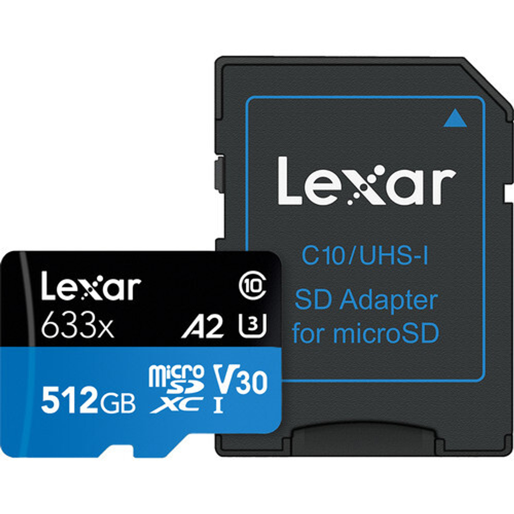 Lexar High-Performance 633x microSDXC 512 ГБ UHS-I W/R 100/45 C10 A1 V30 U3 с адаптером