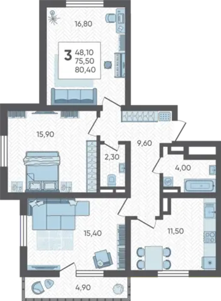 3 комн квартира в ЖК Горный квартал
