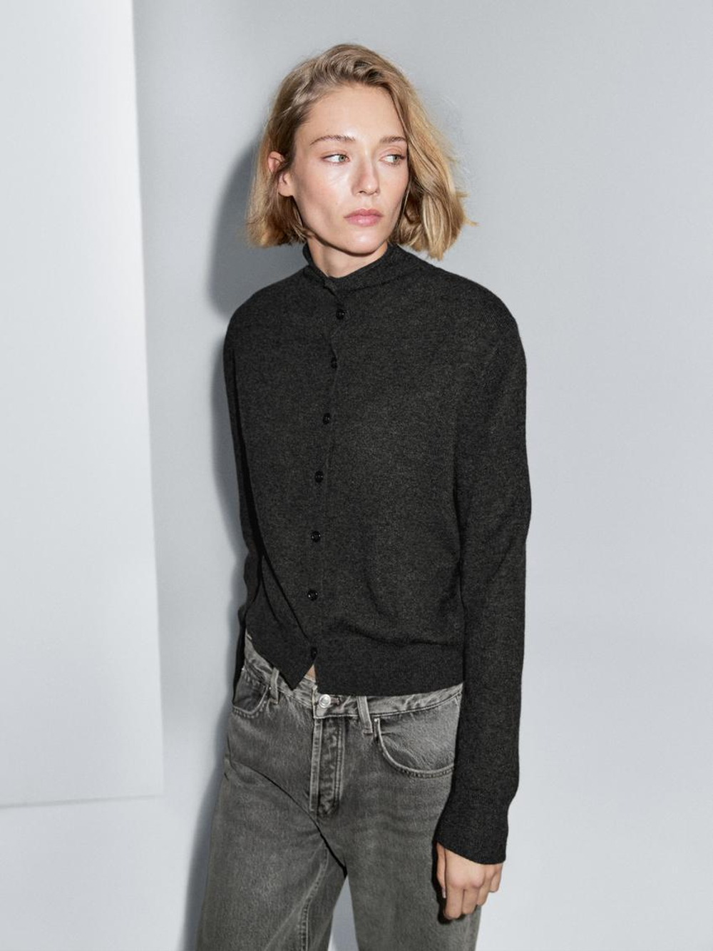 Massimo Dutti Кардиган с воротником-стойкой из 100% шерсти, темно-серый