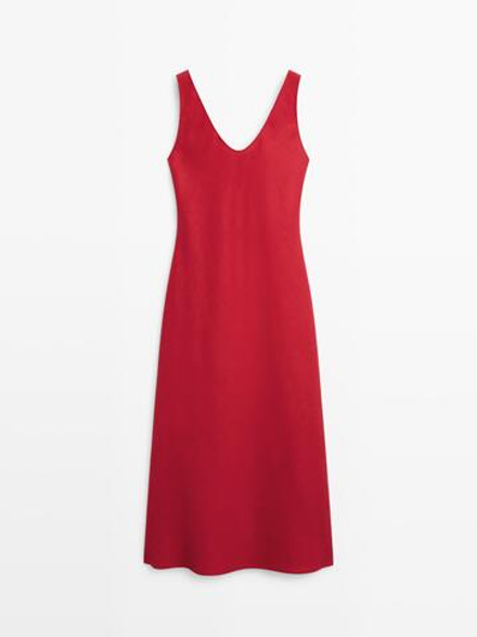 Massimo Dutti Льняное платье миди на бретелях, красный