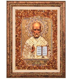 AMB-01/18 Икона «Николай Чудотворец» (с янтарной крошкой) пласт.рамка H-37см