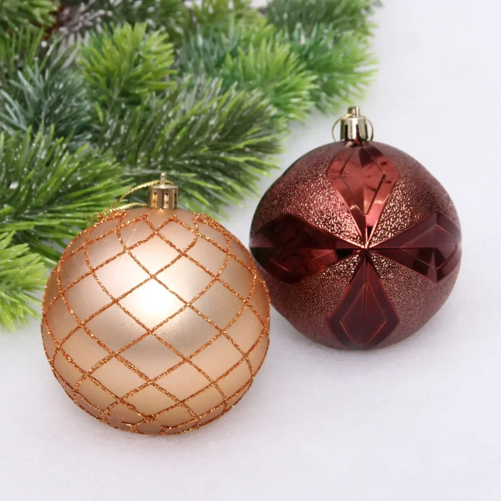 Новогодние шары «Снежный вальс» 8 см (набор 6 шт), Шоколад/Шампань