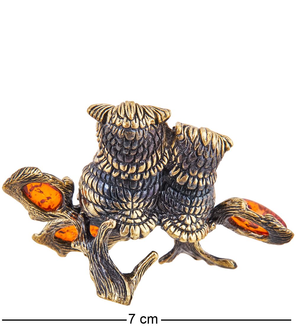 Народные промыслы AM-3710 Фигурка «Совушки вместе навсегда на ветке» (латунь, янтарь)