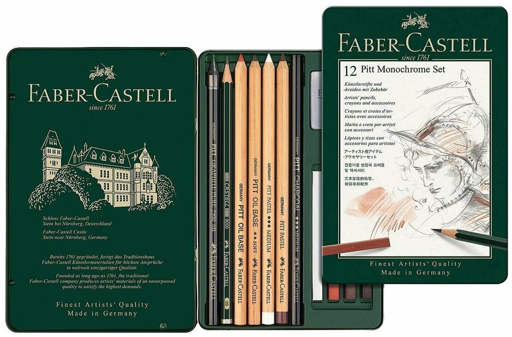 Набор художественный FABER-CASTELL "Pitt Monochrome", 12 предметов, металлическая коробка, 112975