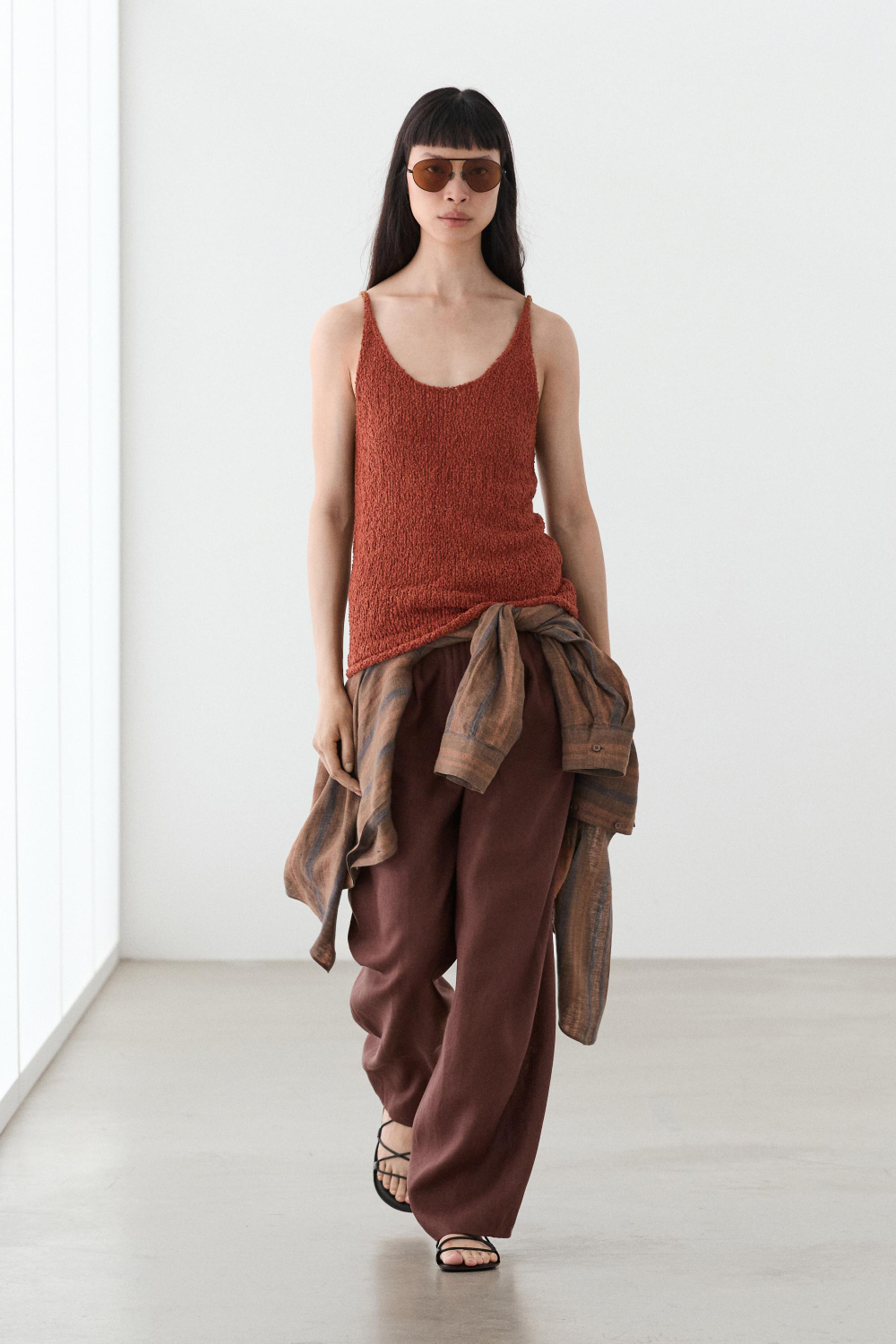 Massimo Dutti Топ без рукавов из смесовой хлопковой ткани, красновато-коричневый