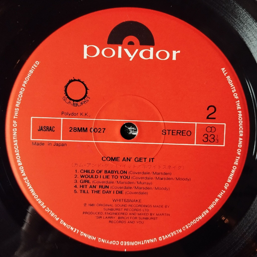 Винтажная виниловая пластинка LP Whitesnake Come An Get It (Japan 1981) (No Obi)