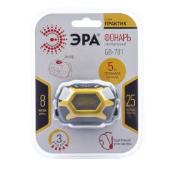 Фонарь налобный светодиодный ЭРА Рабочие Практик GB-701 на батарейках с адаптивным уголом наклона 3 режима желто-черный
