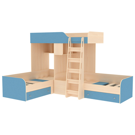 Кровать-чердак КарИВи Трио  Дуб Молочный Светло-синий, голубой