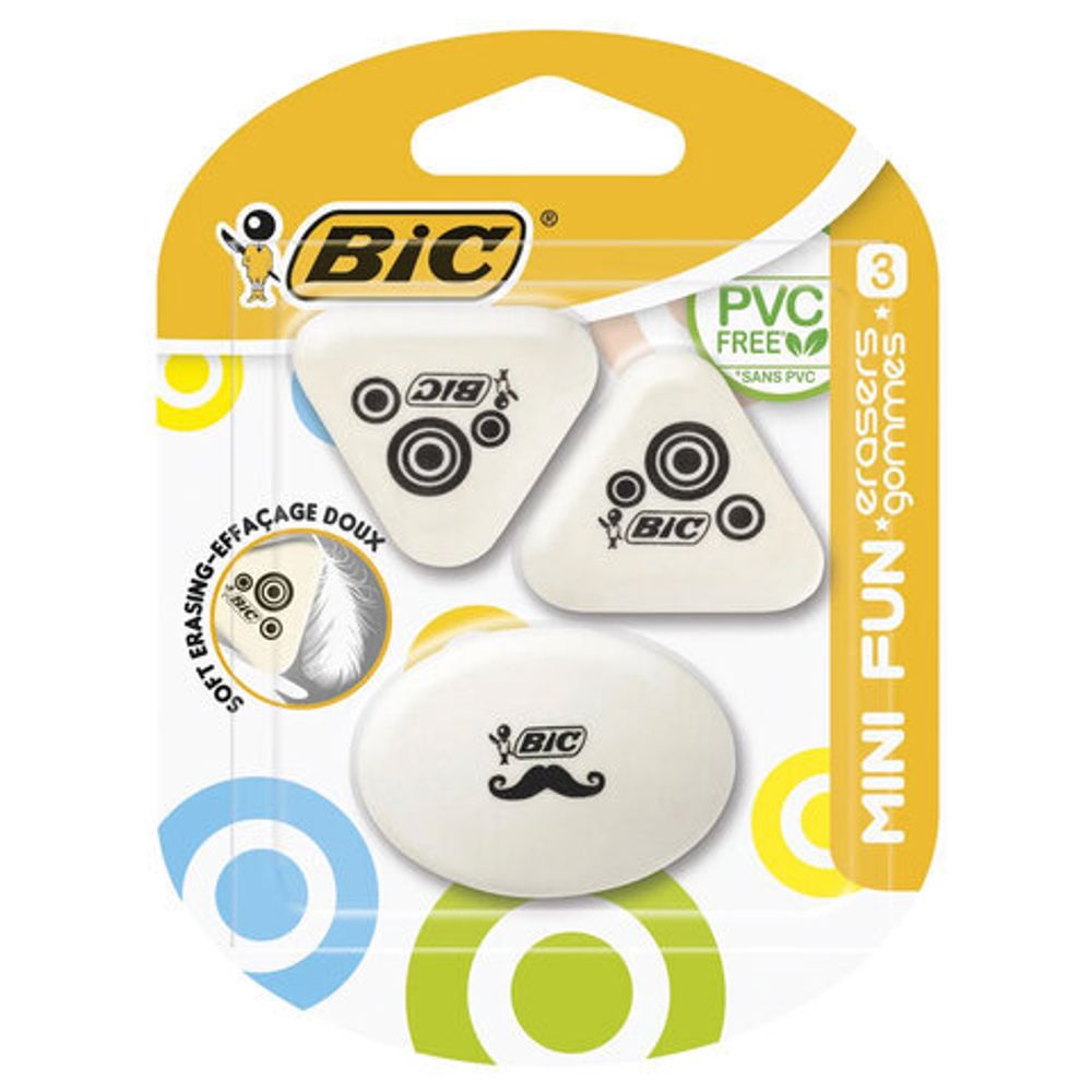 Набор ластиков BIC, "Mini Fun" 3 шт., белый с рисунком, 2 треугольных и 1 овальный, 927870