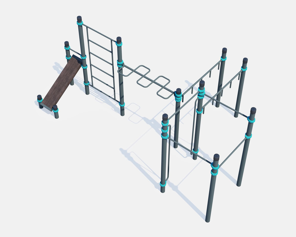 4 турника, шведская стенка, рукоход-змеевик, рукоход-молоток, наклонная скамья и вертикальные поручни
