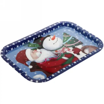 Поднос жестяной 34,5*23,5см «Дед Мороз со снеговиком»