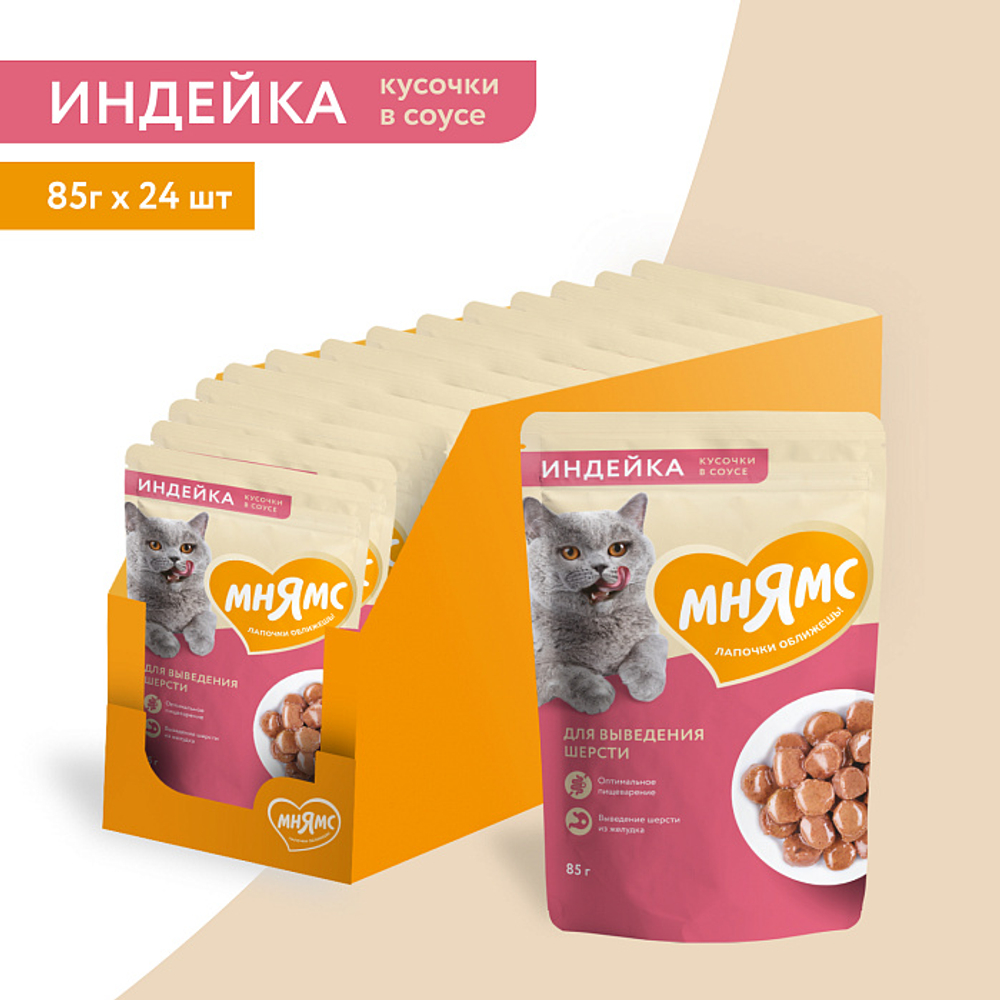 Влажный корм для кошек Мнямс на каждый день кусочки в соусе с индейкой для выведения шерсти 85г