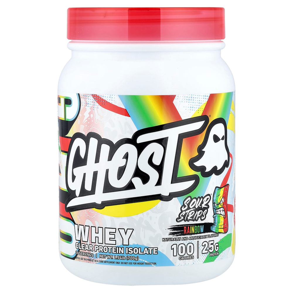 Ghost, Whey, прозрачный изолят протеина, со вкусом Sour Strips® Rainbow, 700 г (1,54 фунта)