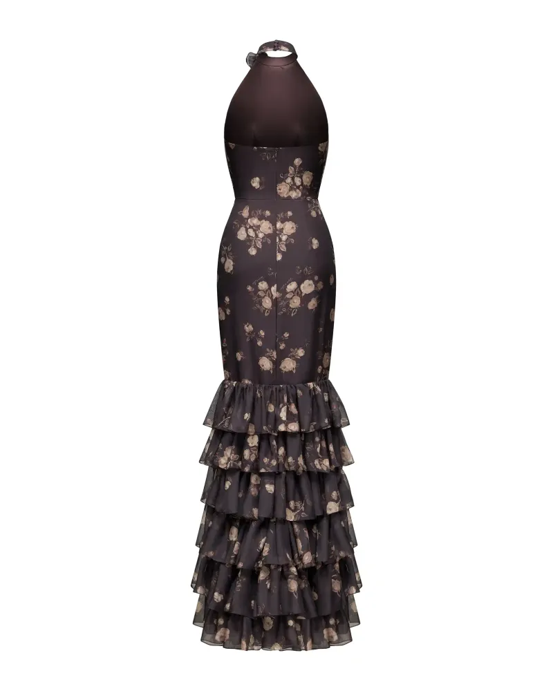Rozalia, платье макси из шоколадного шифона с крупным цветочным принтом