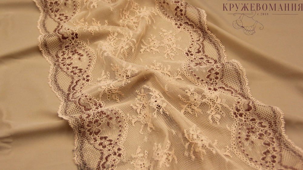 Эластичное кружево, ОПТ, 22 см, светло-бежевое с коричневыми цветами, (Арт: EK-2551), м
