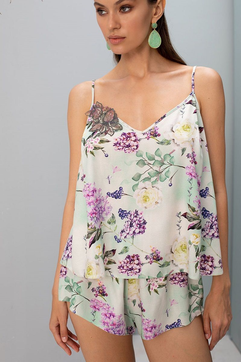 Домашний топ с цветочным принтом (Размер: M) (Цвет: молочный)