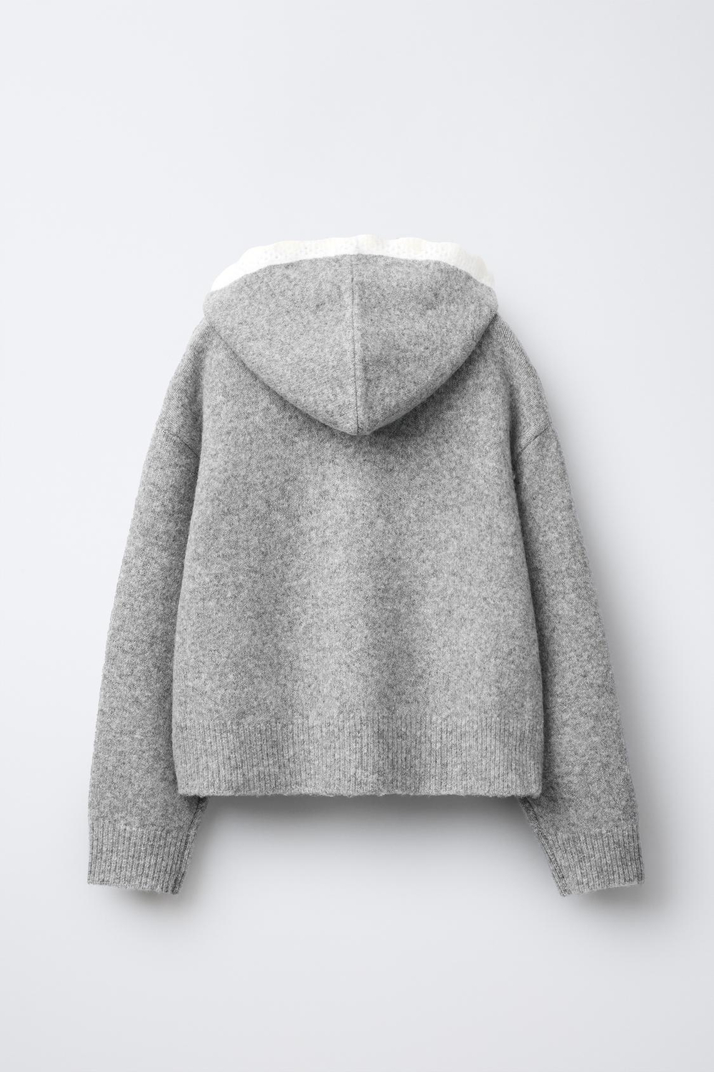 ZARA ВЯЗАНАЯ КУРТКА С КАПЮШОНОМ И КРУЖЕВНОЙ ОТДЕЛКОЙ, МЯГКИЙ СЕРЫЙ