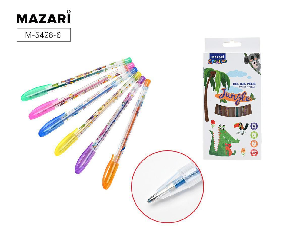 Набор ручек гель 0.9мм. 6цв. "Jungle" с блёстками, с ароматизир.чернилами, корпус цветной (Mazari)