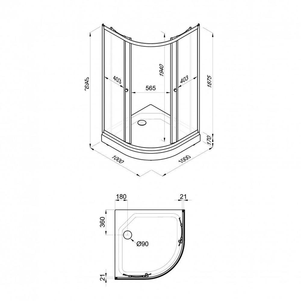 Душевое ограждение DIONRIA (100х100) стекло с рисунком полосы, без поддона