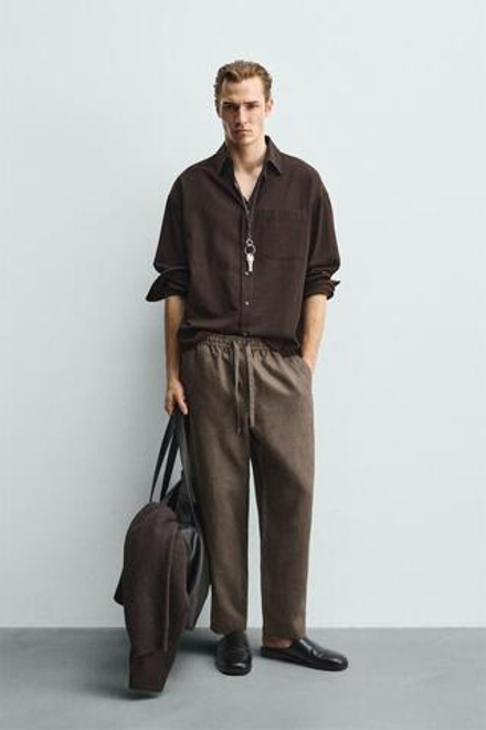 ZARA БРЮКИ RELAXED FIT ИЗ 100% ЛЬНА, СЕРО-КОРИЧНЕВЫЙ