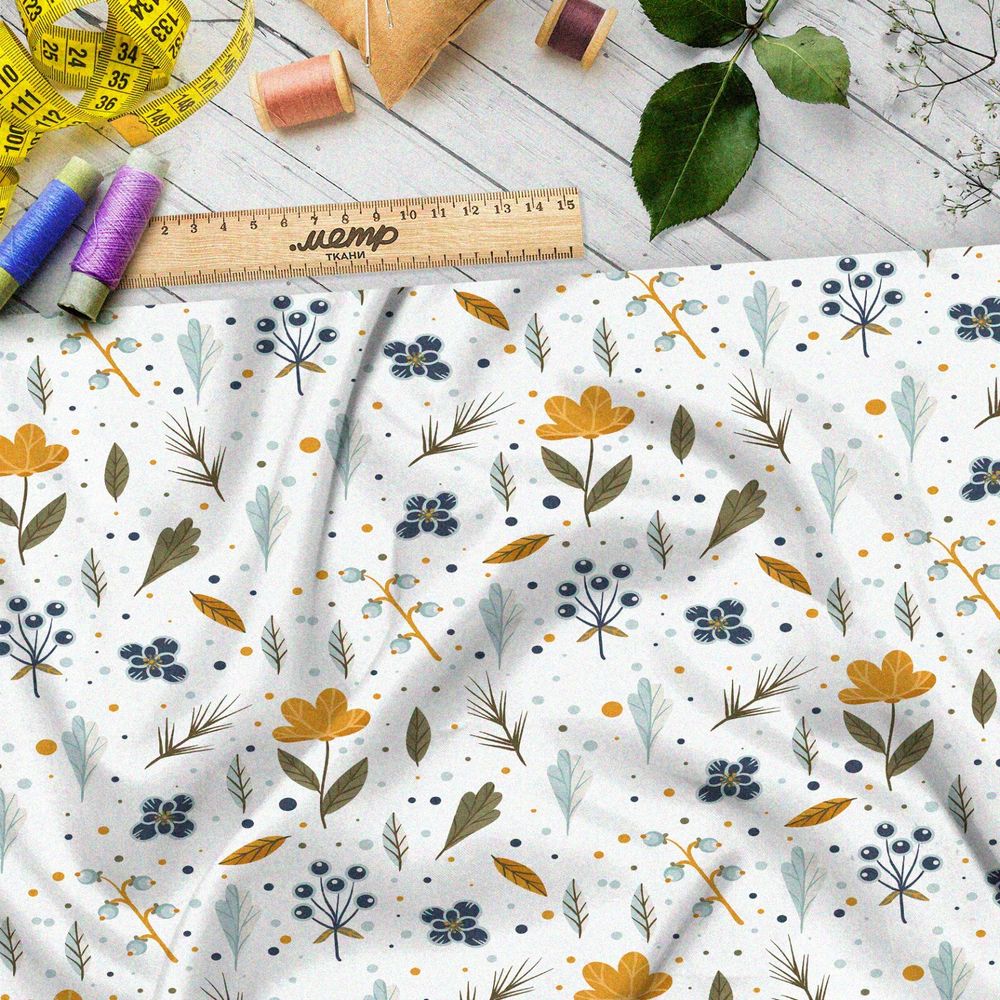 Ткань ниагара болотные листья и цветы на белом фоне