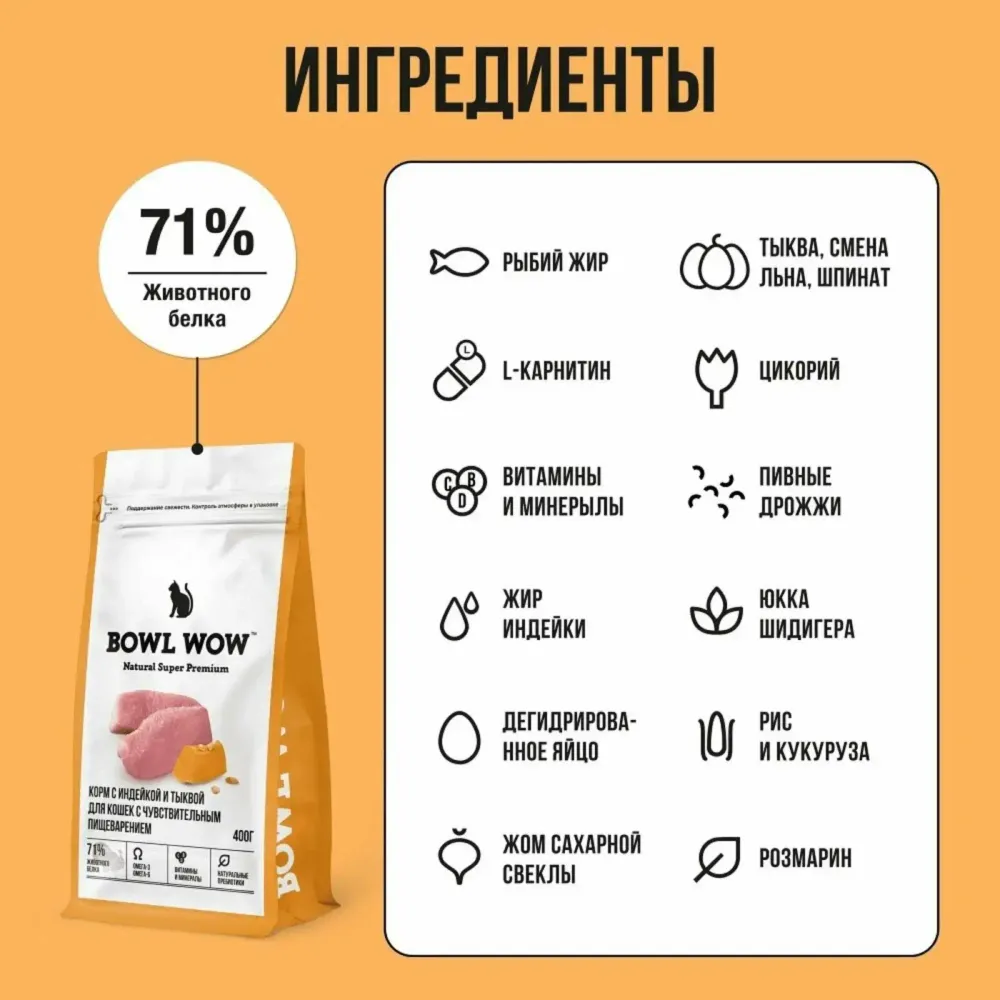 Уценка! Повр.упак. / Сухой корм BOWL WOW для кошек с чувствительным пищеварением с индейкой, курицей и тыквой