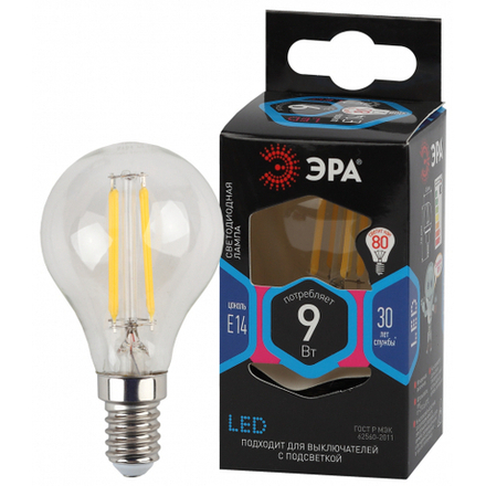 Лампочка светодиодная ЭРА F-LED P45-9W-840-E14 E14 / Е14 9Вт филамент шар нейтральный белый свет