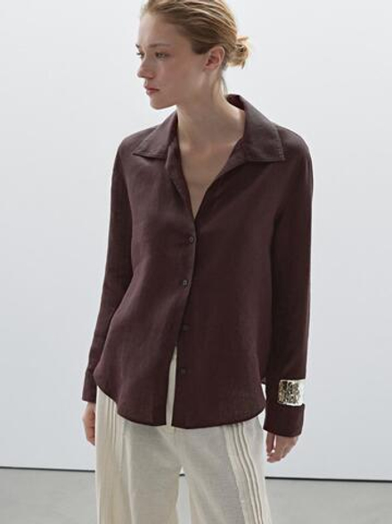 Massimo Dutti Рубашка из 100% льна, баклажанный