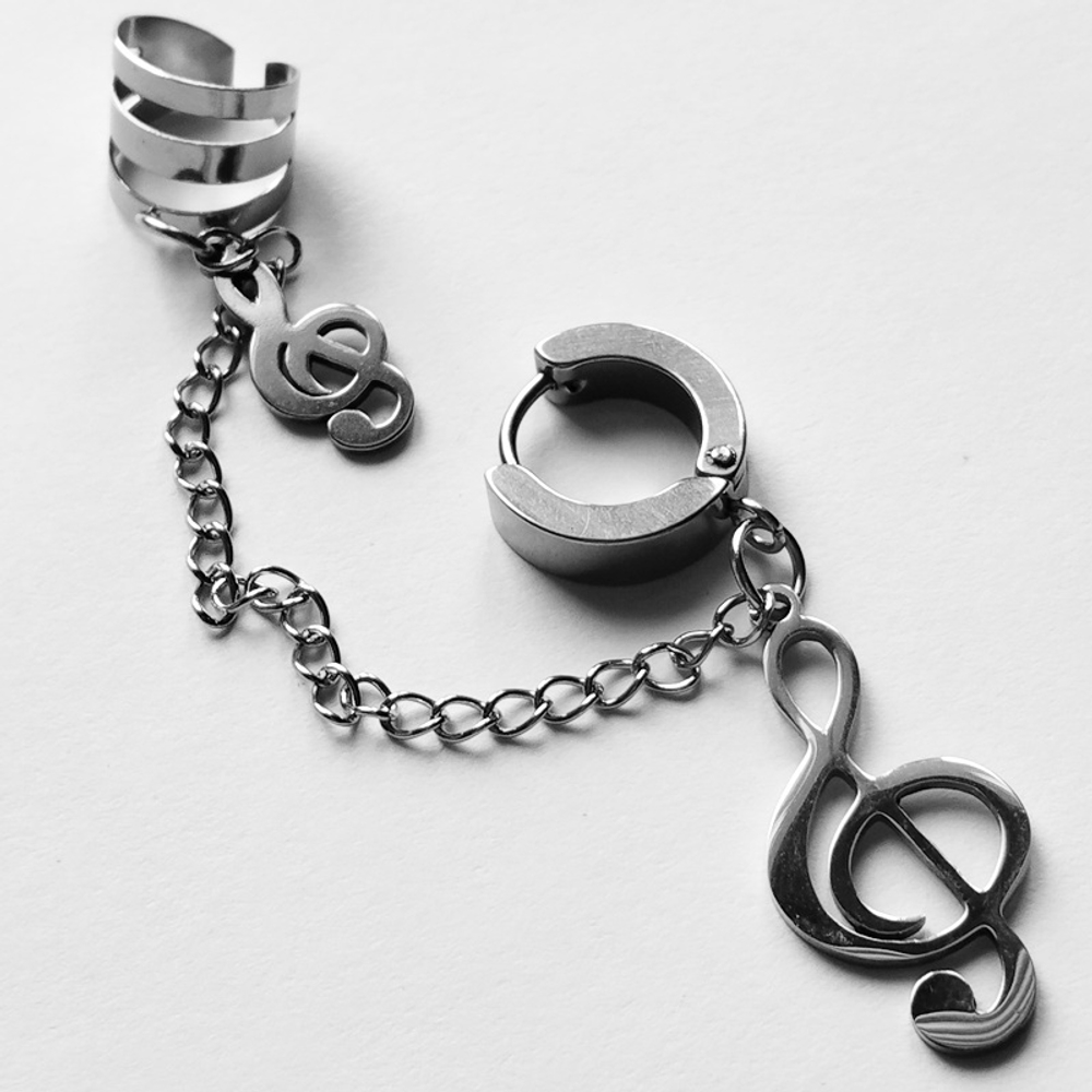 Серьга кольцо с клипсой на цепочке "Скрипичный ключ" для пирсинга уха. Медицинская сталь. Цена за набор.
