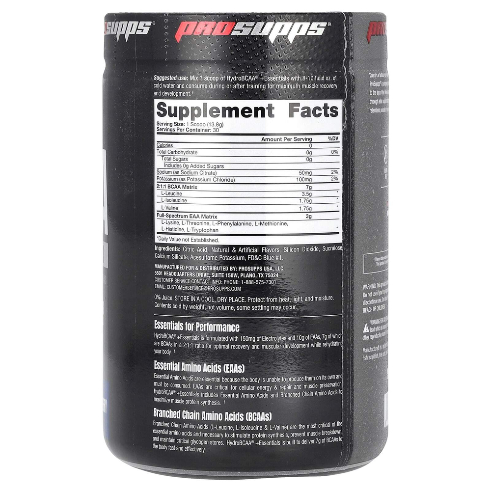 ProSupps, Hydro BCAA +Essentials, добавка с электролитами и аминокислотами, голубая малина, 414 г (14,6 унции)