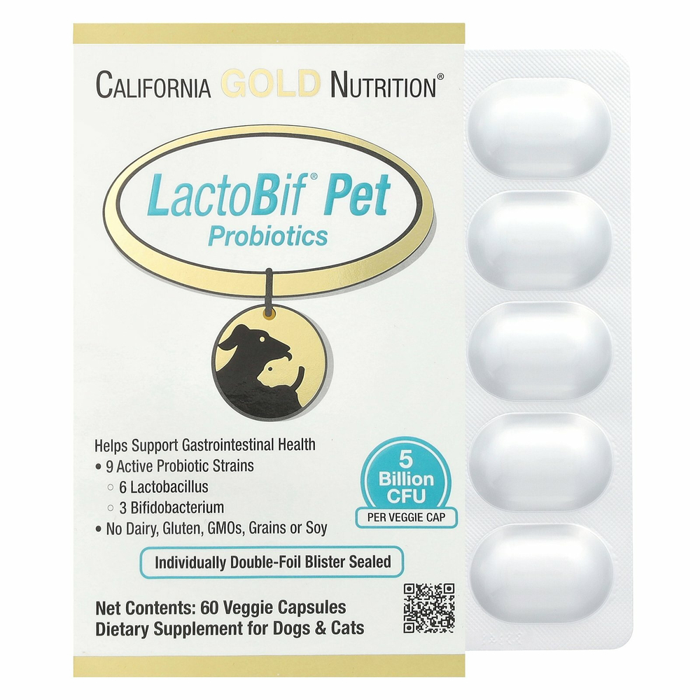 California Gold Nutrition, пробиотики LactoBif Pet, 5 млрд КОЕ, 60 растительных капсул