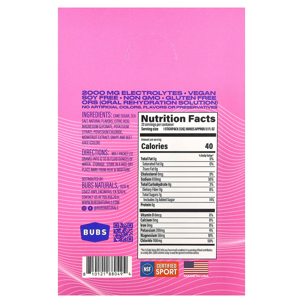 BUBS Naturals, Hydrate or Die®, смесь для приготовления электролитического напитка, со вкусом ягодного ассорти, 20 пакетиков по 12,3 г (0,43 унции)