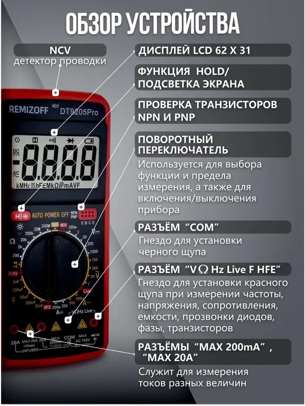 Мультиметр цифровой с прозвонкой 9205A PRO, тестер электрический