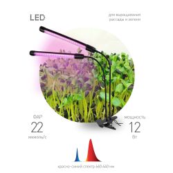 Светильник для растений на прищепке ЭРА FITO-20W-АLED-N красно-синего спектра 12 Вт черный